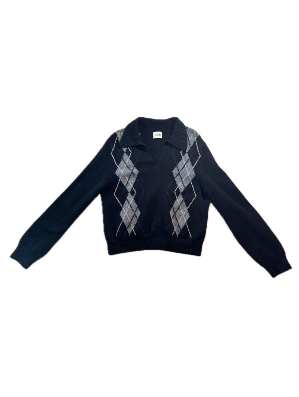 Khaite Hana Argyle Intarsia Cashmere Polo Sweater Black Women's Size Medium